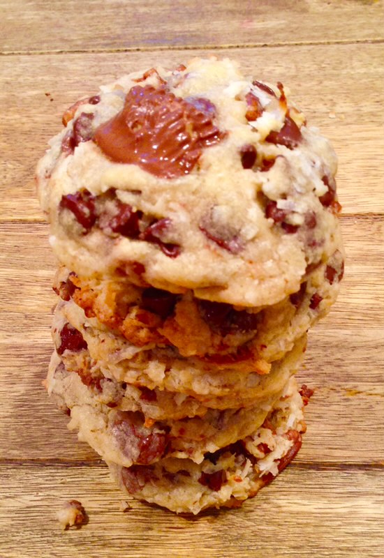 Chocolate chip cookies stacked